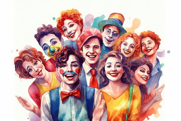 Fototapeta premium happy entertainment man and woman in watercolor art, labor day banner, copy space, isolated background