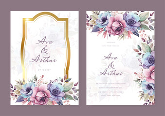Set of Beautiful rose Elegant golden frame watercolor flower wedding invitation design template