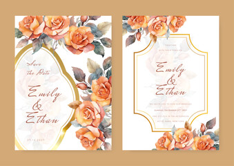 Watercolor wedding invitation template set with romantic floral and leaves decoration