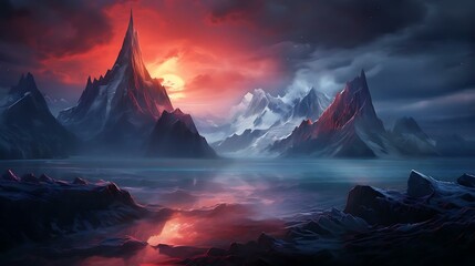 a sunset over a snowy mountain range