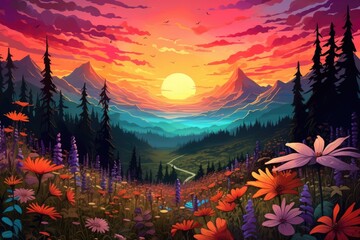 The painting depicts a sunset over a field and forest. (Generative AI)