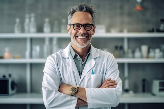 Portrait Of Smiling Mature Doctor In White Coat And Eyeglasses Standing With Crossed Arms In Clinic