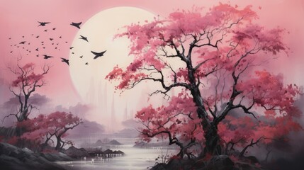 In a pink and purple foggy sky, there's a painting of trees, birds, and a full moon with a pink and black silhouette. (Generative AI)