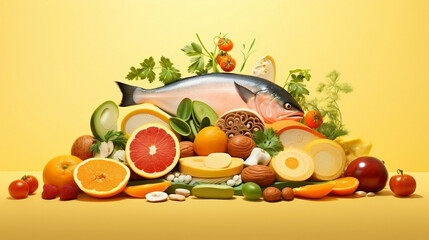 Fish, B12 Rich foods, Healthy Diet, Nutritious Diet, fruits and vegetables, seafood on a plate, High Quality Illustration