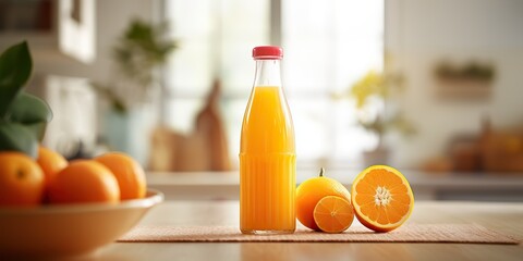 AI Generated. AI Generative. Orange juice nottle glass ware on kitchen bright day table mock up background. Healthy morning vitamin c. Graphic Art