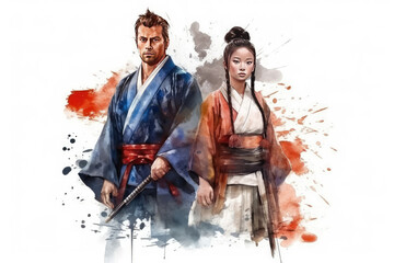 happy samurai man and woman in watercolor art, labor day banner, copy space, isolated background