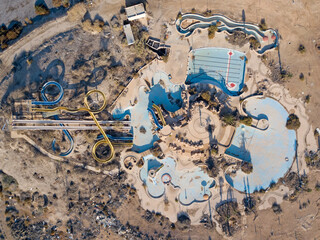 Aerial view on a water slides in an abandoned water park 