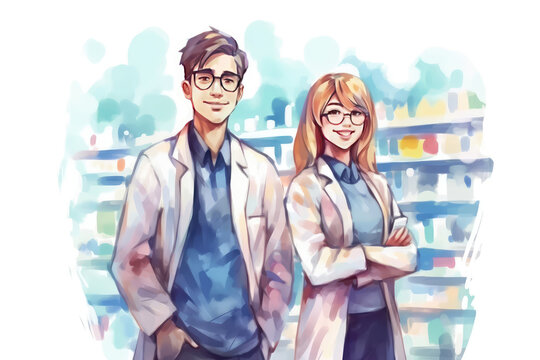 happy pharmacist man and woman in watercolor art, labor day banner, copy space, isolated background