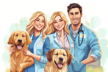 happy veterinarian man and woman in watercolor art, labor day banner, copy space, isolated background