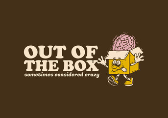 Out of the box, Mascot character of a cardboard box with a human brain on it