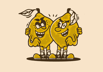 Two lemons mascot character illustration in vintage style