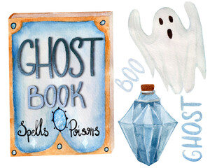 Watercolor set, spellbook, ghost, text, potion isolated on white background. For various products, cards, decor, etc.