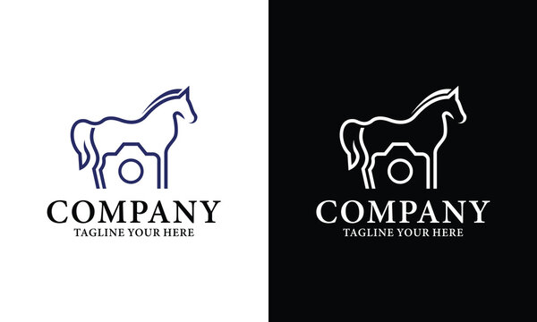 line art horse photography logo on a black and white background.
