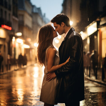 a couple having a romantic kiss in the streets of Paris, cinematic style