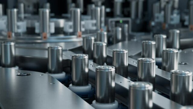 Close-up of Battery Cells for Automotive Industry on Conveyor Belt. High Capacity Batteries on Production Line. Lithium-ion Cells for High-voltage Electric Vehicle Batteries Manufacturing Process. 