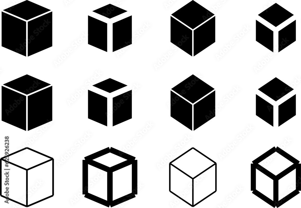 Poster 3d style simple various wireframe cube box cargo parcel set in perspective. vector image.