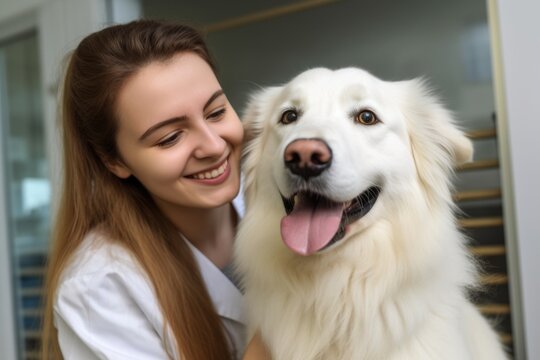 Happy white dog at the reception of a veterinarian girl.