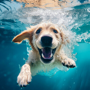 dog swimming under water.