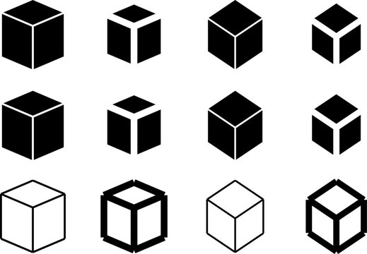 3D Style Simple Various Wireframe  Cube Box Cargo Parcel Set in Perspective. Vector Image.