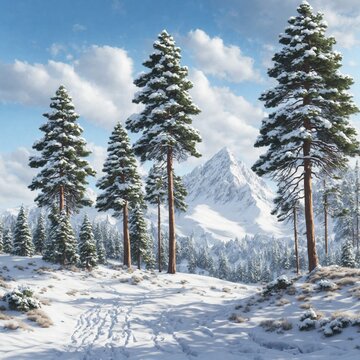 winter with snow and several pine trees by day realistic image - Generative AI
