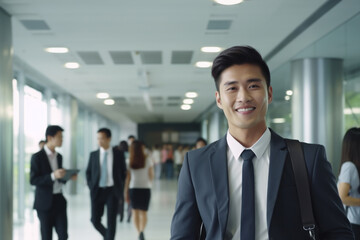 Young asian professional business man standing and smile in blur office background