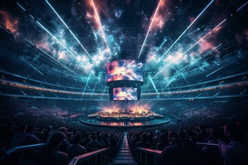 The Arena of Champions Depict a massive futuristic stadium filled with cheering fans and bright lights