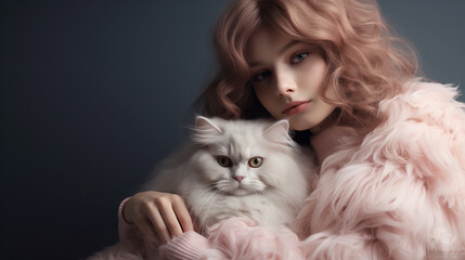 Closeup portrait of beautiful young woman holding her white long hair cat and looking at the camera. Girl with pet kitty isolated on grey background. Copy space for text. Generative AI.