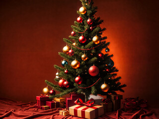 Decorated Christmas tree with gifts. Red background with red carpet. Concepts of holiday, season, and commercialism.