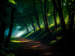 Obraz premium Path in the woods. Morning sunlight streaming through the trees. Concepts of environment, outdoors and nature.
