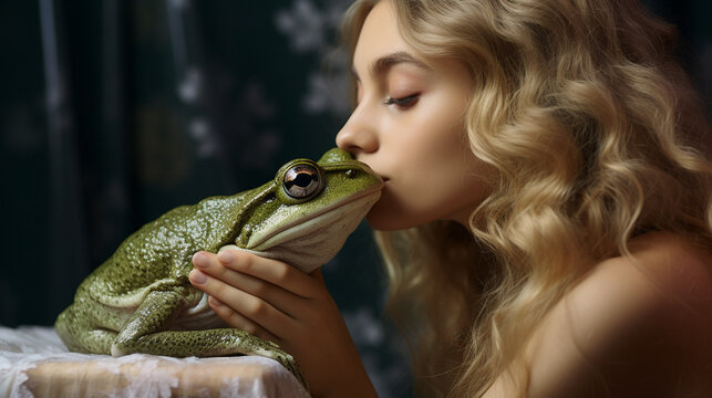 Dreamy portrait of blond young woman kissing a frog, fairy tale, frog becomes prince. Generative AI.