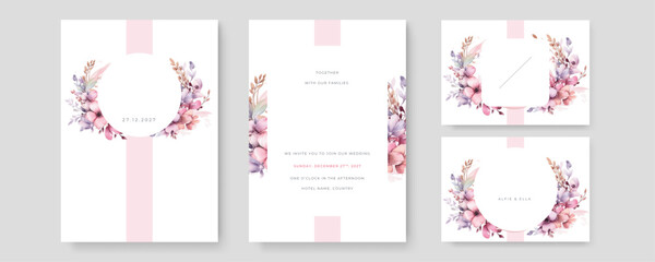 Flower watercolor wedding invitation template. Beautiful leave and flower background with gold. Greeting card.