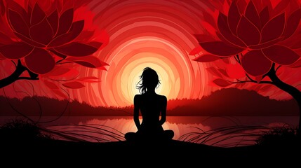 silhouette of a woman meditating in lotus positionfully concentrated in muladhara. woman is on the peak of root chakra meditation busy in meditation and do not know what is going around. - obrazy, fototapety, plakaty