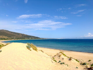 beautiful view from the dunes from Valdevaqueros along the coastline of the Atlantic Ocean with blue turquoise water, Tarifa, Costa de la Luz, Andalusia, province of Cádiz, Spain, Travel, Tourism