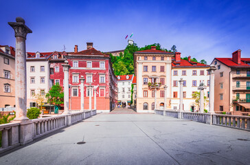 Ljublijana, Slovenia. Cobblers' Bridge is a picturesque pedestrian bridge, known for its colorful...