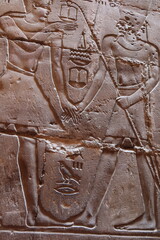 Statues and reliefs in the entrance of the great Luxor temple in Luxor East bank in Egypt