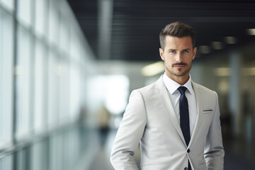 Fototapeta premium Young professional business Caucasian man standing and smile in blur office background.