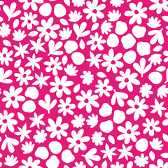 Cute girlish seamless pattern with abstract hand drawn botanical elements. Little white flowers on hot pink background. Pink floral allover print