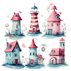 lighthouses illustrations set with seaside houses in blue and pink coclors