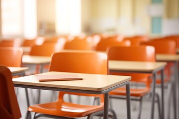 School classroom in blur background without young student. Blurry view of elementary class room no kid or teacher with chairs and tables in campus. Back to school concept