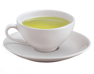 xícara de porcelana branca com chá verde sobre pires isolado em fundo transparente
