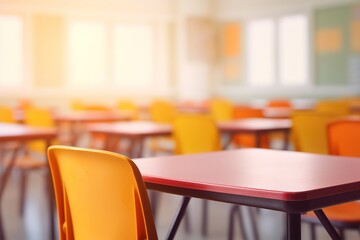 School classroom in blur background without young student. Blurry view of elementary class room no kid or teacher with chairs and tables in campus. Back to school concept - obrazy, fototapety, plakaty