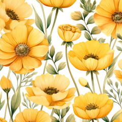 Fototapeta premium yellow flowers seamless patterns, watercolor picture of flowers, floral