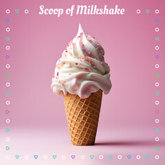 Scoop of Milkshake ice cream. Ice cream cone on gradient color background. Banner. 3D illustration.