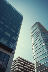 Contemporary residential buildings exterior in the daylight. Modern European residential apartment buildings quarter on a sunny day. Skyscrapers against blue sky, bottom view. 