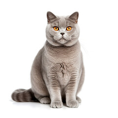 Cute British shorthair cat is sitting isolated on white background. By Generative AI.