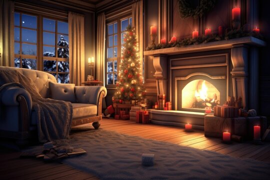 3D christmas family, fireplace, sock