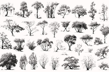 tree, silhouette, vector, nature, leaf, palm, black, plant, illustration, forest, pine, branch, flower, art, design, pattern, trees, oak, set, drawing, outline, wood, decoration, botany