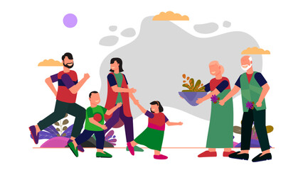 Big family meeting. Couple with senior parents and two kids standing together at. Vector illustration for love, togetherness, lifestyle concept