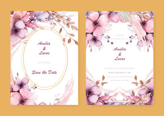 Watercolor wedding invitation card template with beautiful floral and leaves decoration