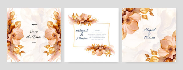 wedding invitation card template with rose bouquet watercolor painting